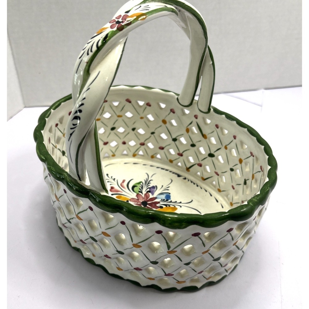 RCCL Handpainted Ceramic Woven Handle Basket Floral Vine Portugal Spring Easter
